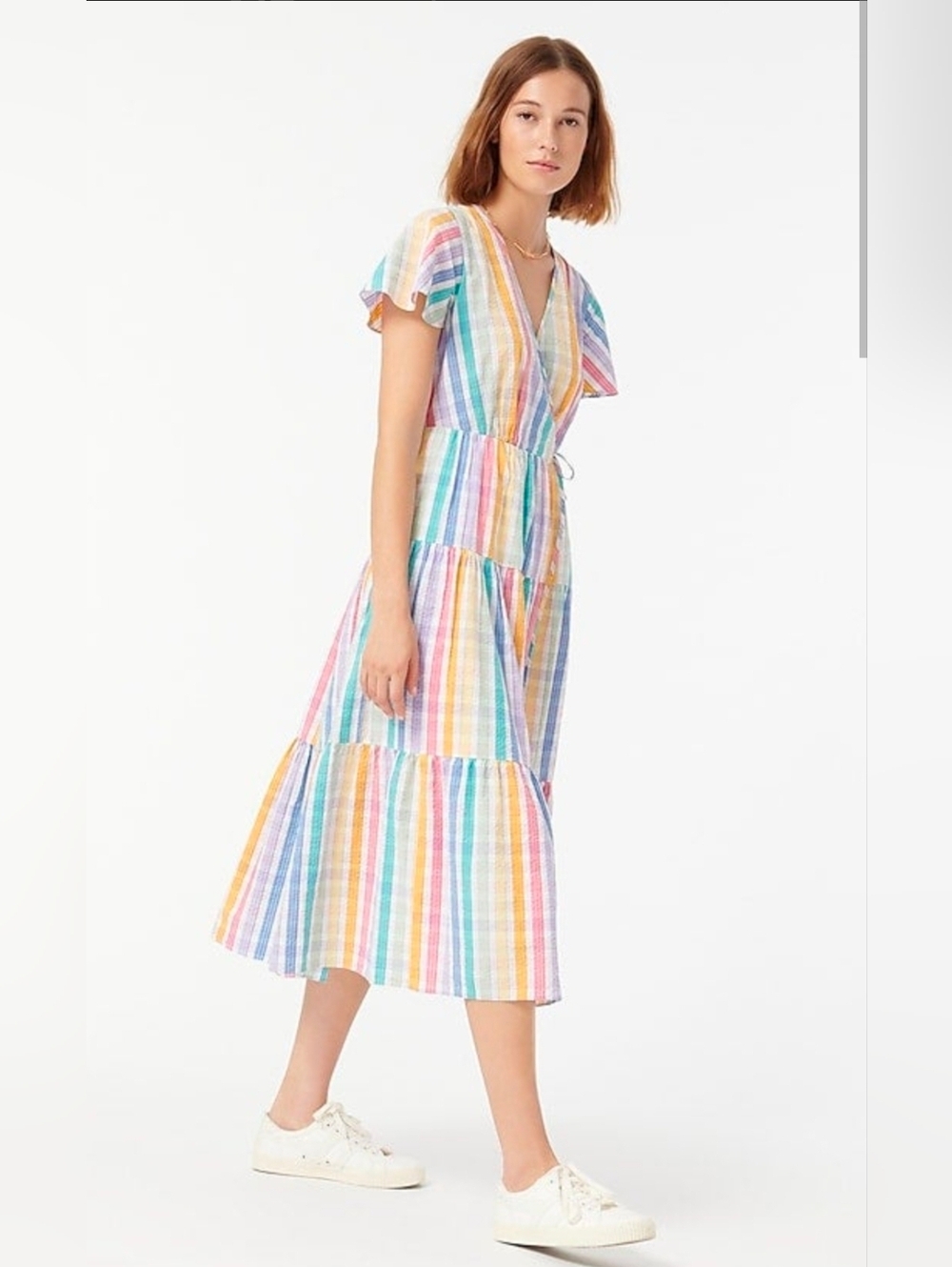 NWT J.Crew Faux-wrap Midi in Rainbow Gingham Striped Tiered Dress 0